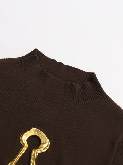 Coffee Ribbed Sweater with Gold Keyhole Embellishment
