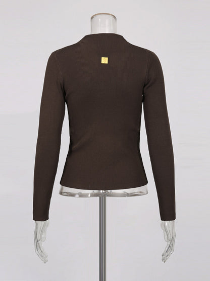 Coffee Ribbed Sweater with Gold Keyhole Embellishment