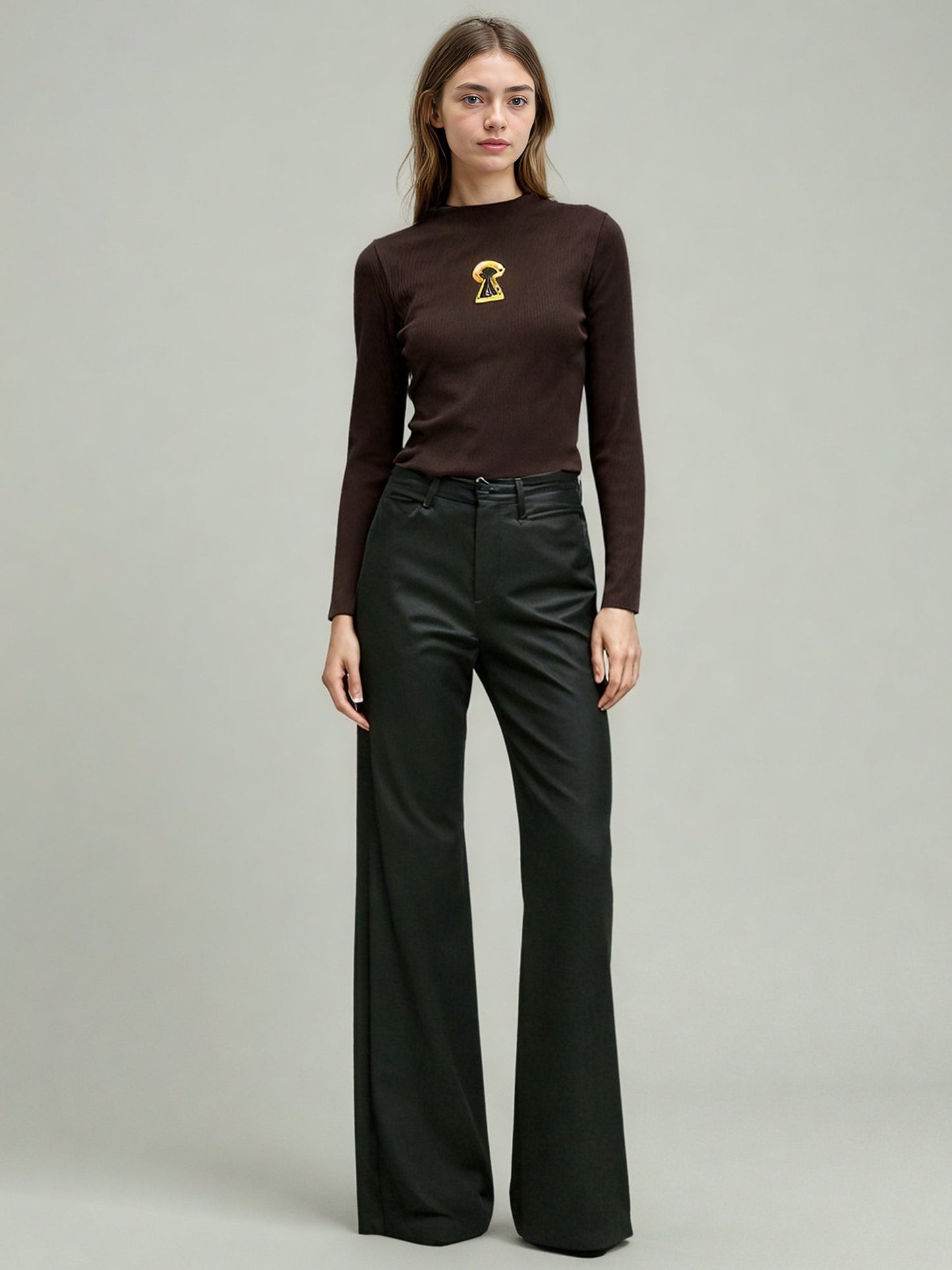 Coffee Ribbed Sweater with Gold Keyhole Embellishment