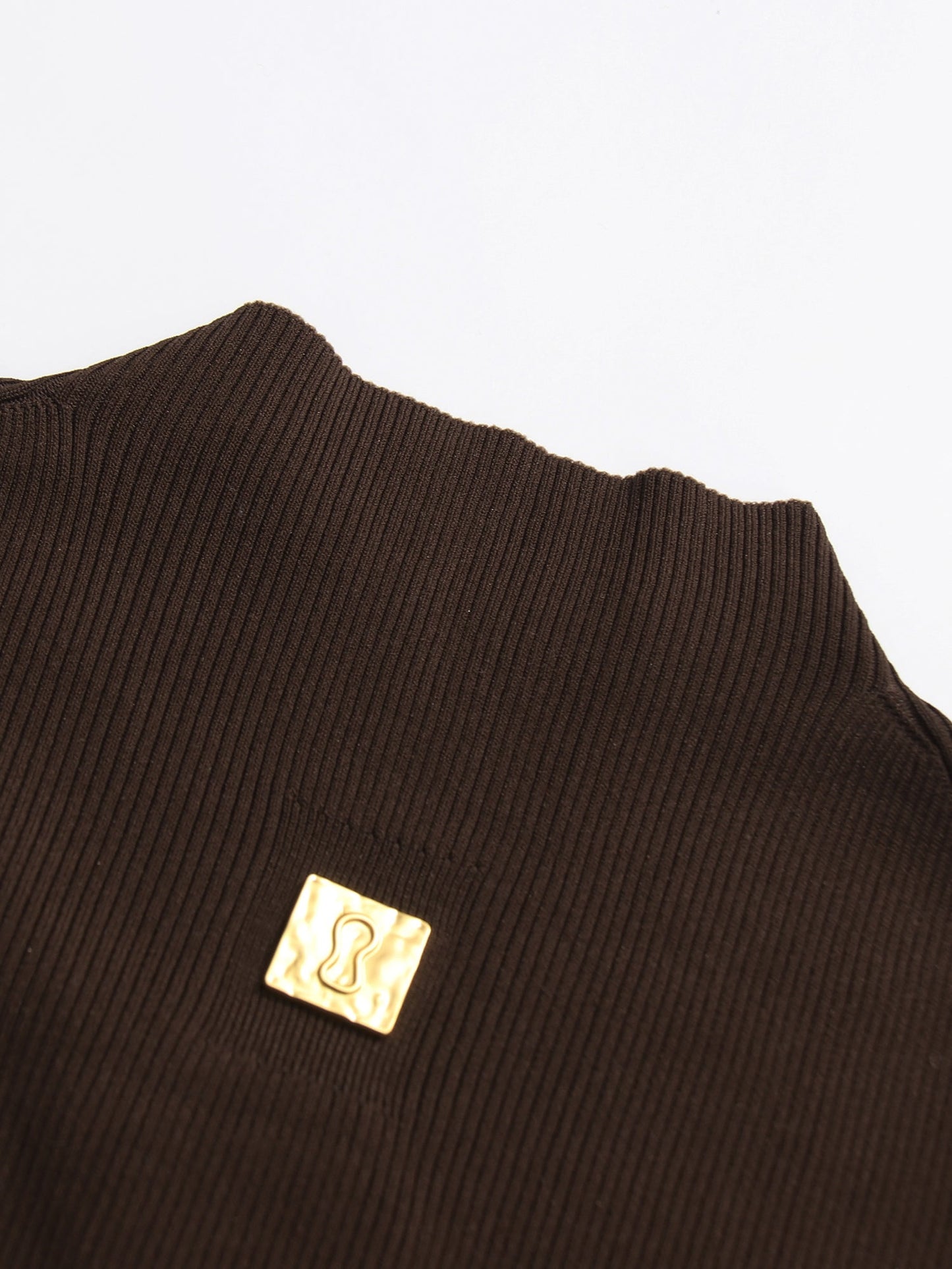 Coffee Ribbed Sweater with Gold Keyhole Embellishment