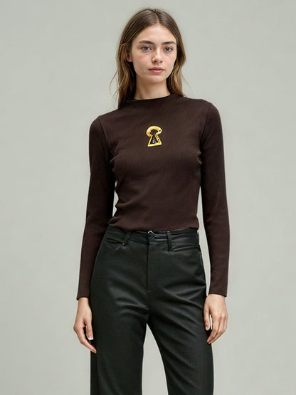Coffee Ribbed Sweater with Gold Keyhole Embellishment