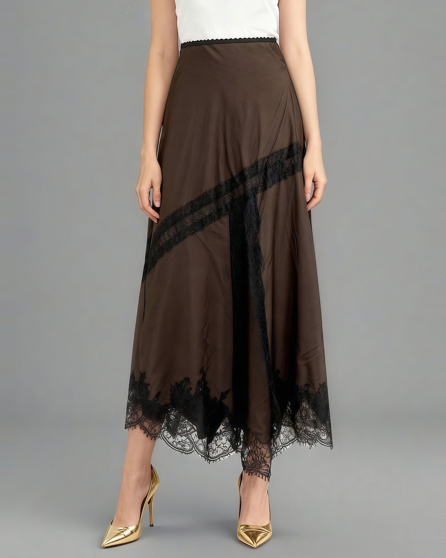 Coffee Satin Maxi Skirt with Black Lace