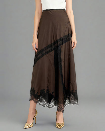 Coffee Satin Maxi Skirt with Black Lace