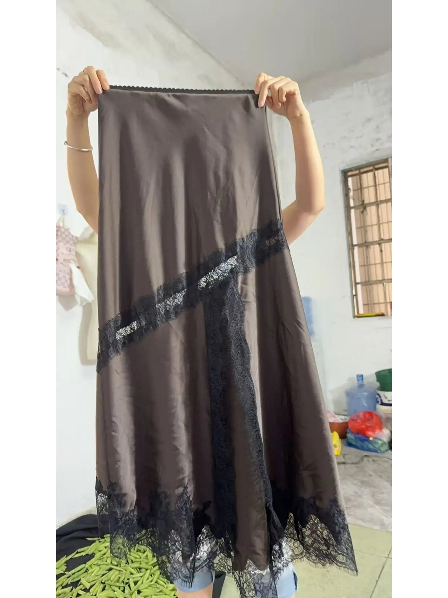 Coffee Satin Maxi Skirt with Black Lace