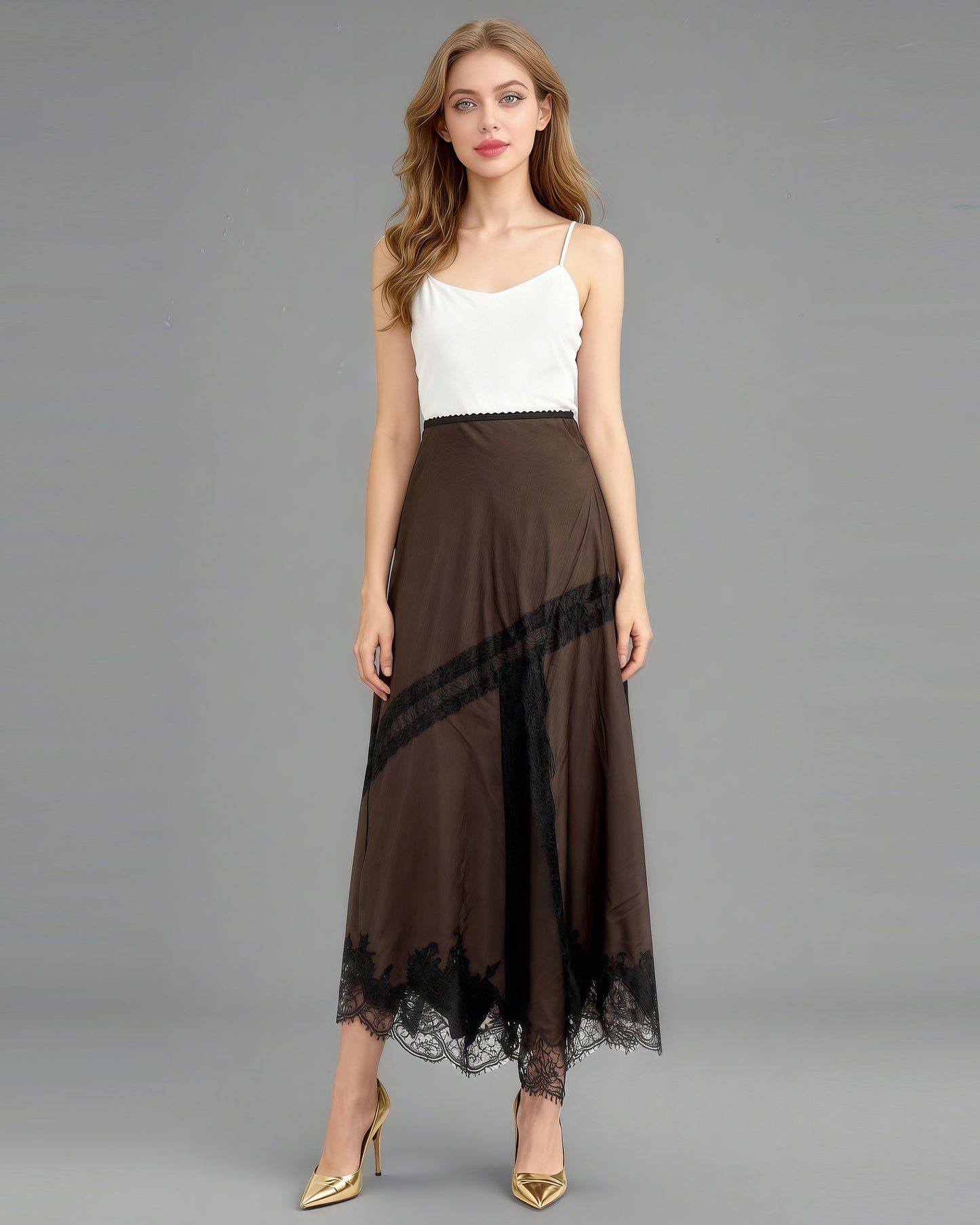 Coffee Satin Maxi Skirt with Black Lace