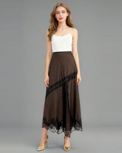Coffee Satin Maxi Skirt with Black Lace