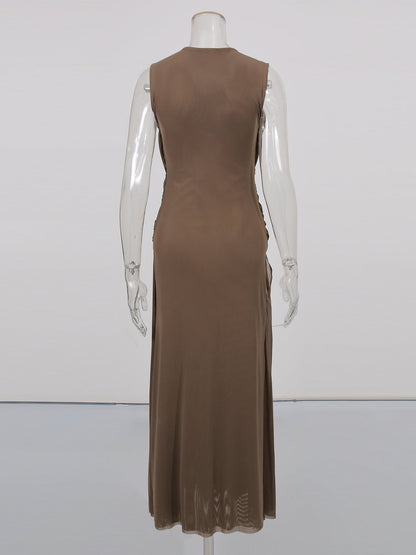 Coffee Sleeveless Knotted Ruched Maxi Dress