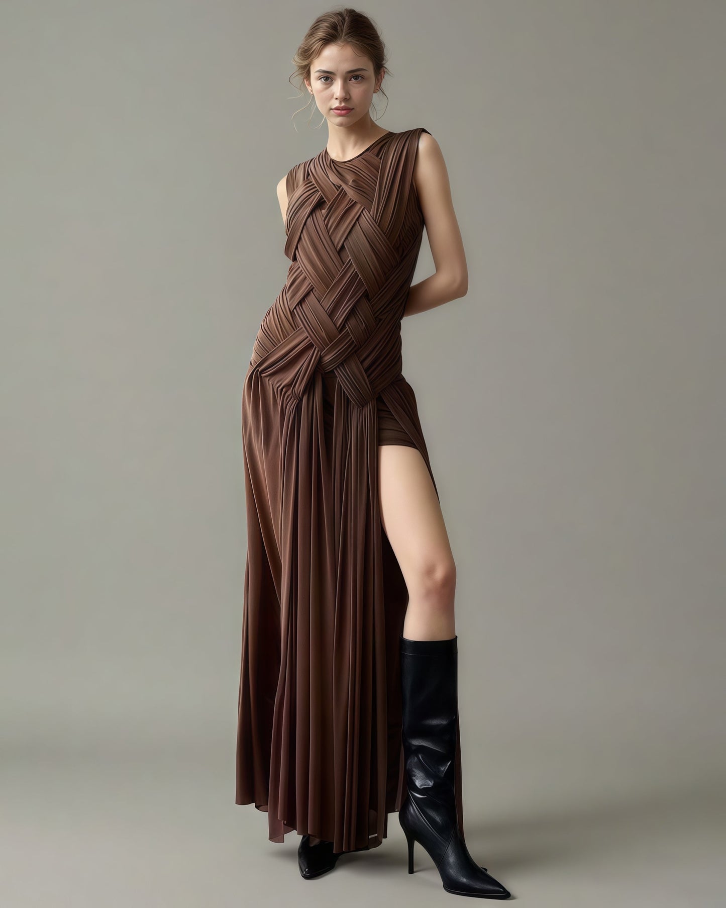 Coffee Sleeveless Knotted Ruched Maxi Dress