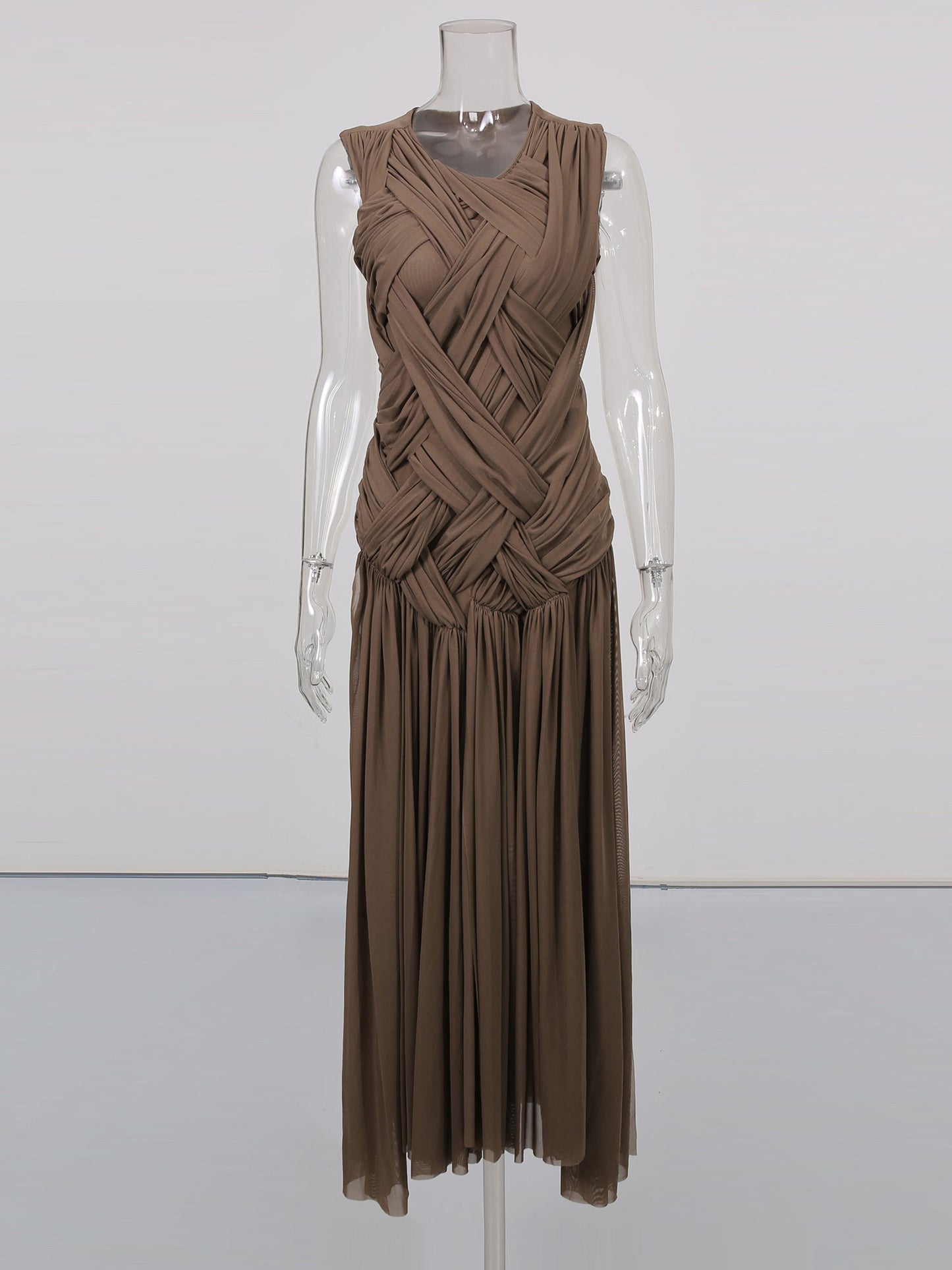 Coffee Sleeveless Knotted Ruched Maxi Dress