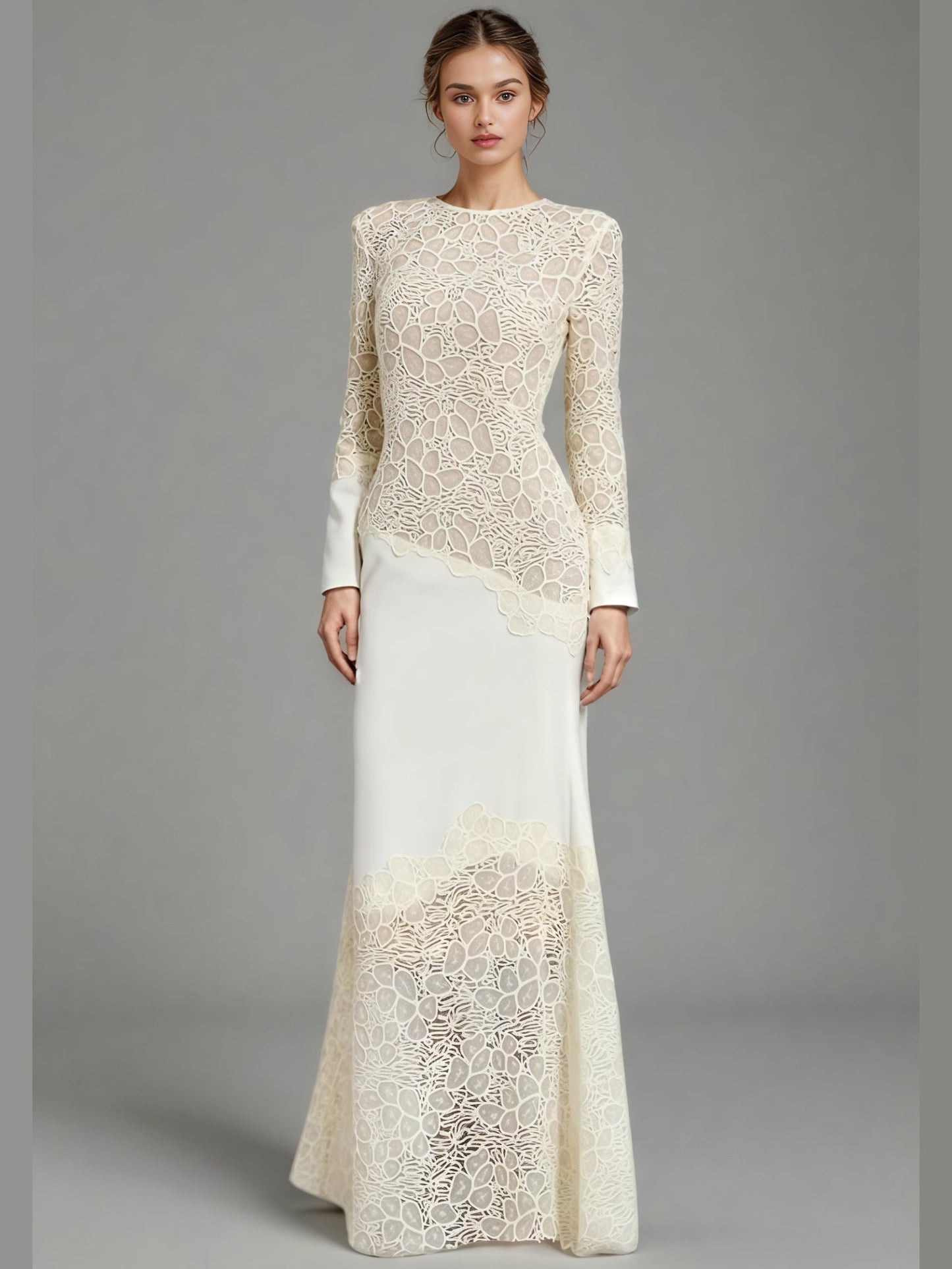 Elegant Cream Lace Long-Sleeve Maxi Dress