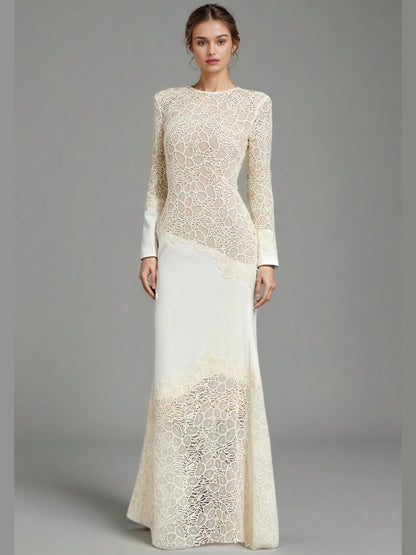 Elegant Cream Lace Long-Sleeve Maxi Dress