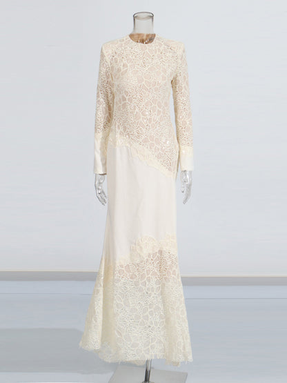Elegant Cream Lace Long-Sleeve Maxi Dress