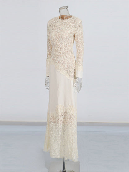 Elegant Cream Lace Long-Sleeve Maxi Dress