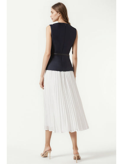 Elegant Hit Color Pleated Long Dress