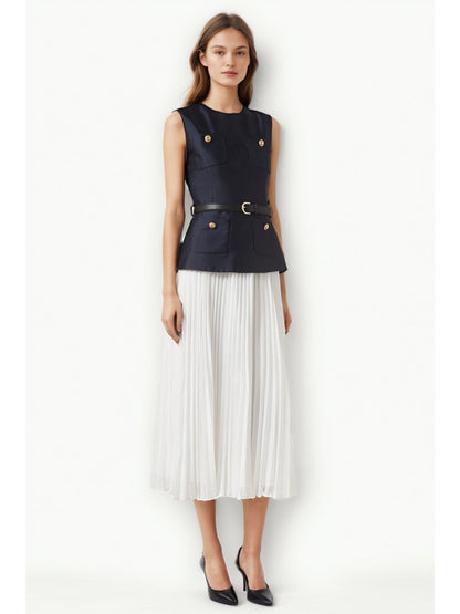Elegant Hit Color Pleated Long Dress