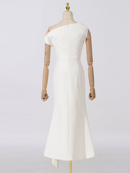 Elegant One - Shoulder Pleated Midi Dress in Cream