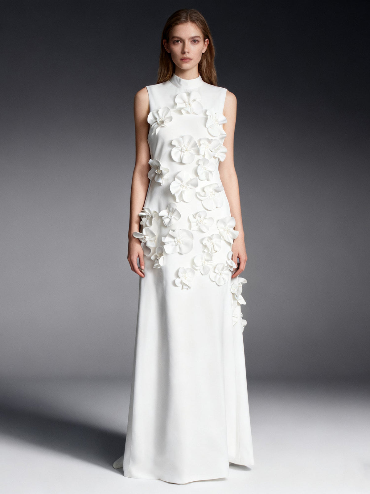 Karina High-Neck Floral-Appliqué Maxi Dress