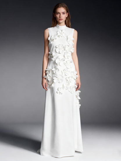 Karina High-Neck Floral-Appliqué Maxi Dress