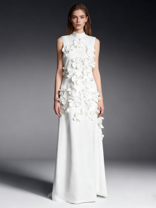 Karina High-Neck Floral-Appliqué Maxi Dress