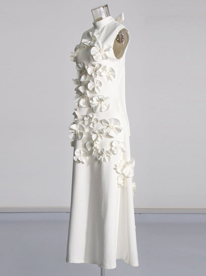 Karina High-Neck Floral-Appliqué Maxi Dress
