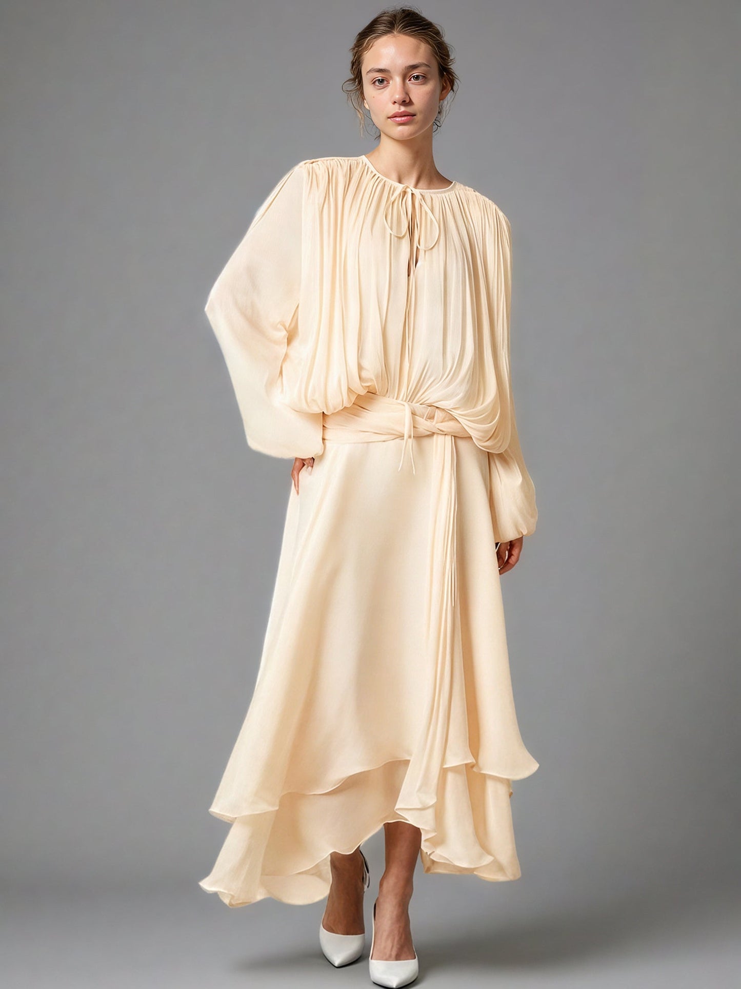 Ethereal Apricot Pleated Maxi Dress with Tie Neck