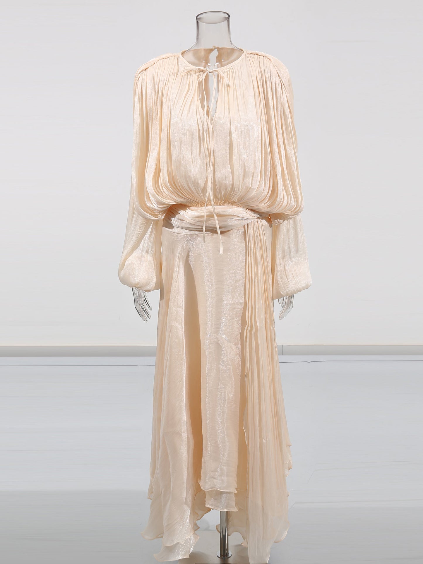 Ethereal Apricot Pleated Maxi Dress with Tie Neck