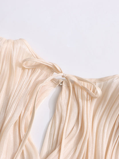 Ethereal Apricot Pleated Maxi Dress with Tie Neck