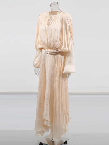 Ethereal Apricot Pleated Maxi Dress with Tie Neck