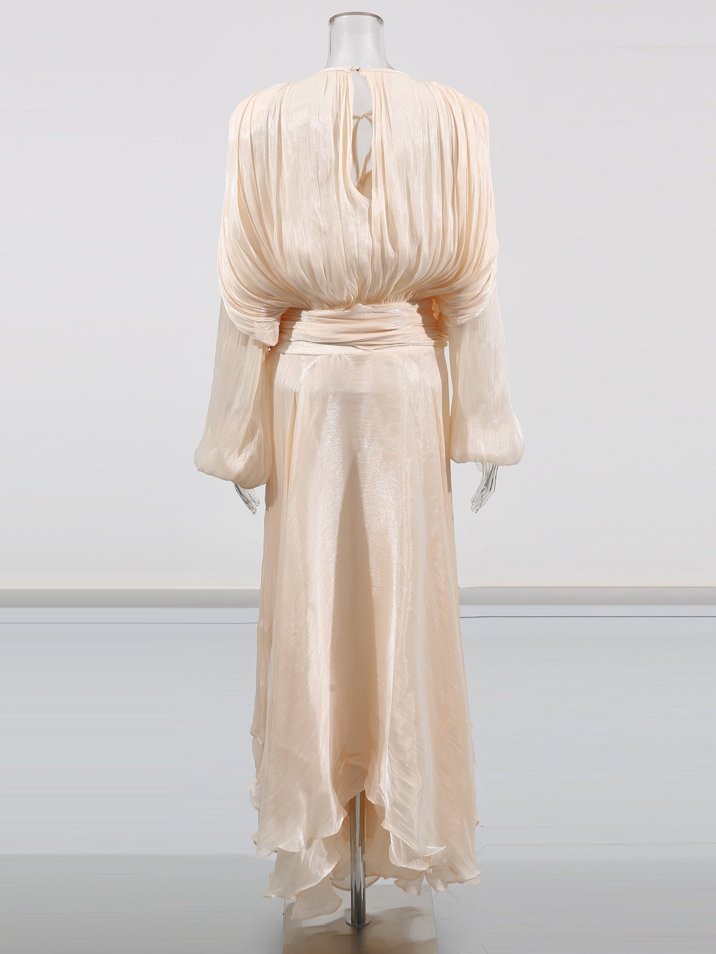 Ethereal Apricot Pleated Maxi Dress with Tie Neck