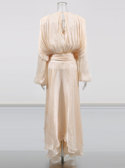 Ethereal Apricot Pleated Maxi Dress with Tie Neck