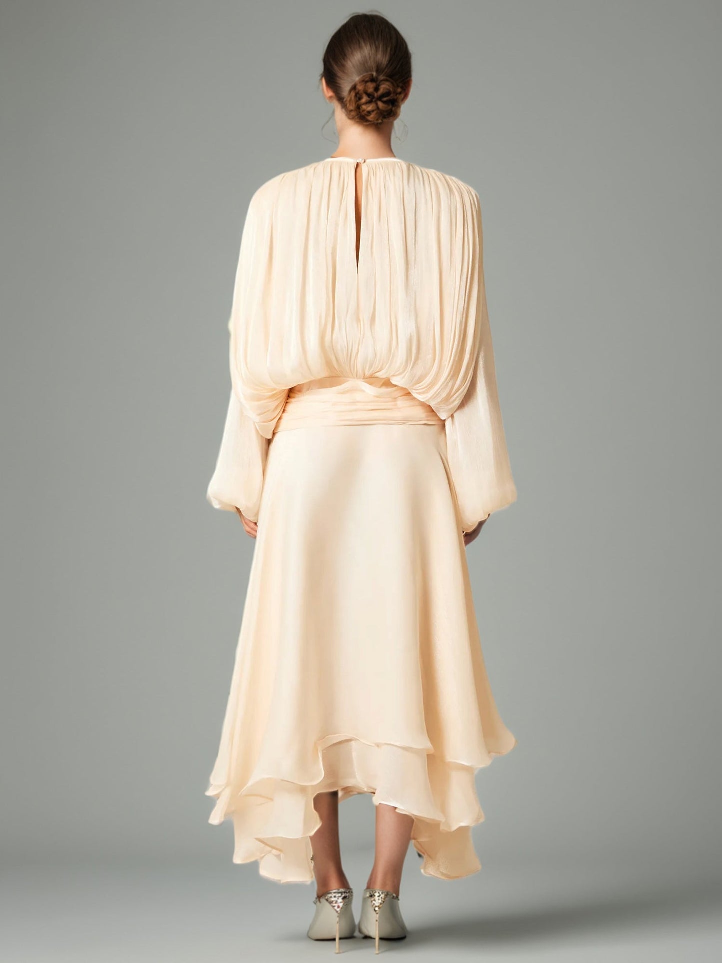 Ethereal Apricot Pleated Maxi Dress with Tie Neck