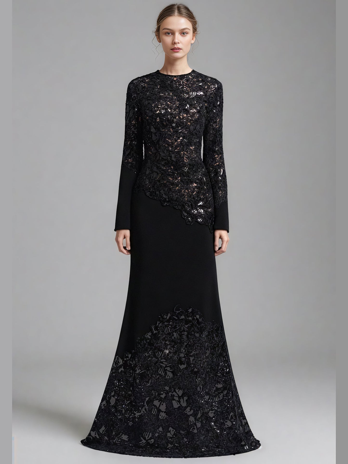 Glamorous Black Lace Embellished Long - Sleeve Maxi Dress