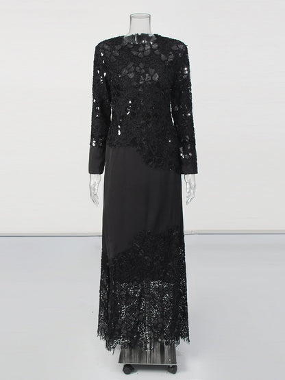 Glamorous Black Lace Embellished Long - Sleeve Maxi Dress