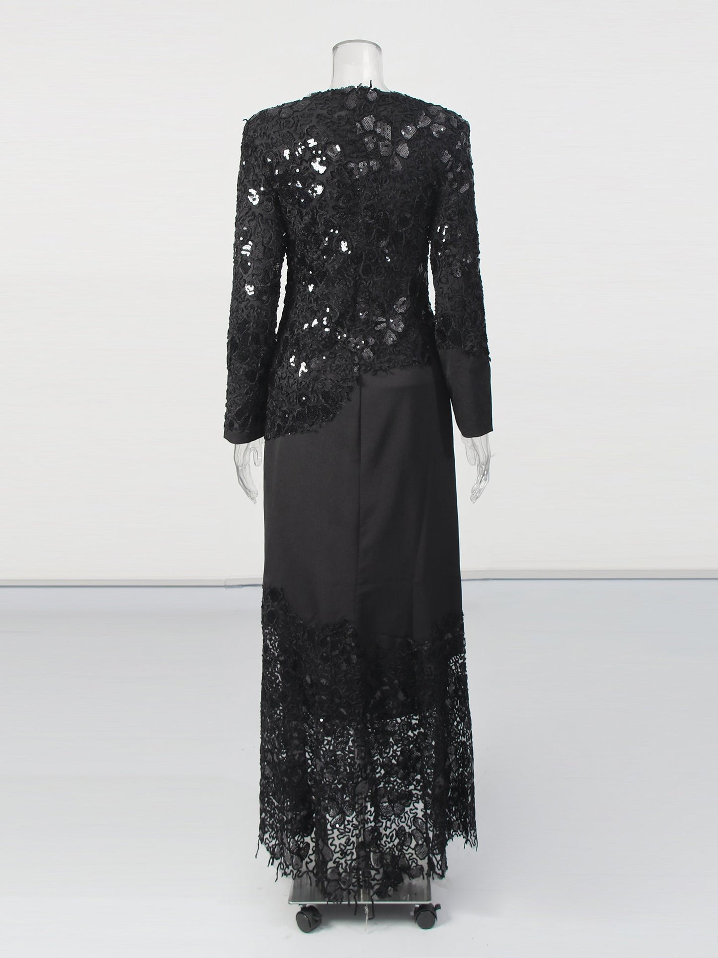 Glamorous Black Lace Embellished Long - Sleeve Maxi Dress