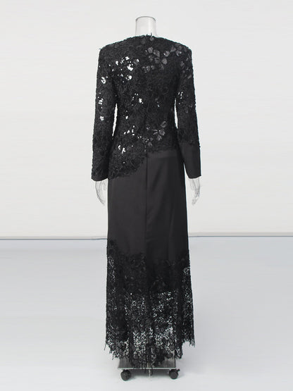 Glamorous Black Lace Embellished Long - Sleeve Maxi Dress