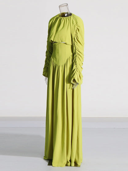 Green Ruched Sleeve Top & Maxi Skirt Two-Piece Set