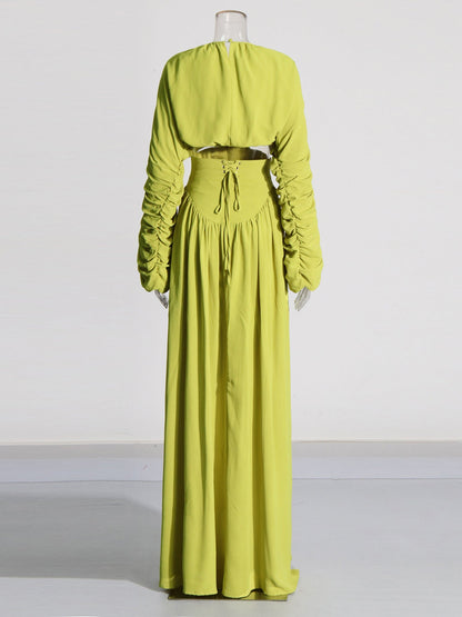 Green Ruched Sleeve Top & Maxi Skirt Two-Piece Set