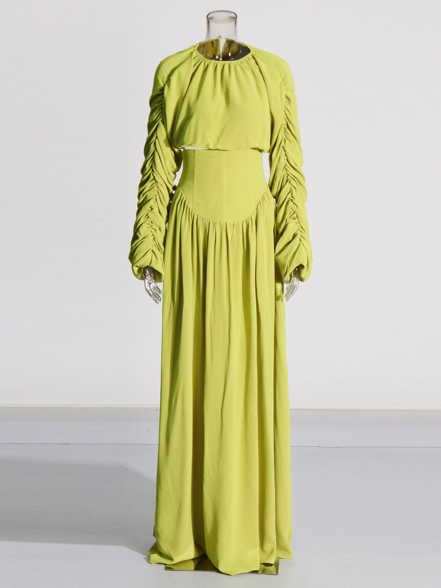 Green Ruched Sleeve Top & Maxi Skirt Two-Piece Set