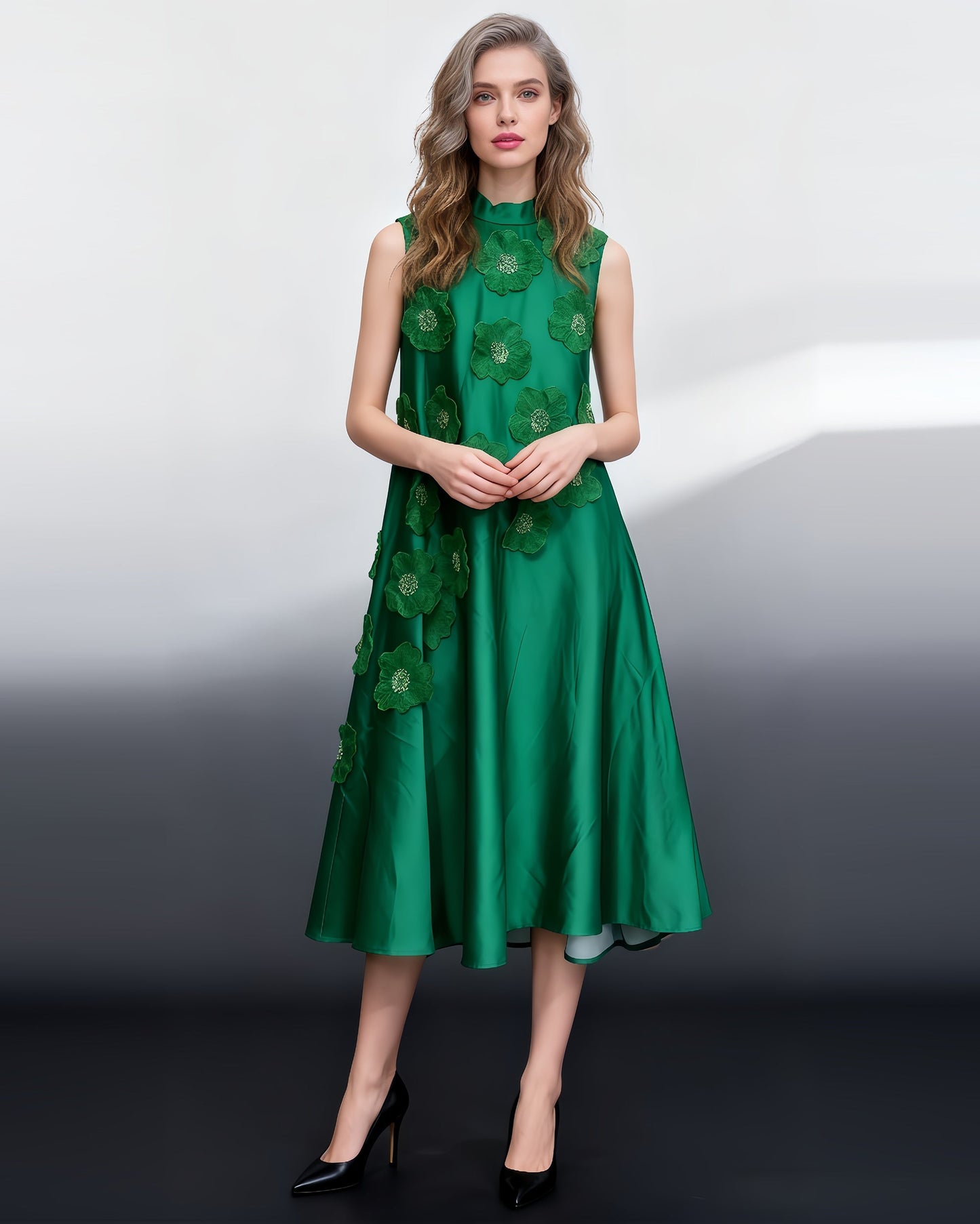 Green Sleeveless Midi Dress with Floral Lace & Pearl
