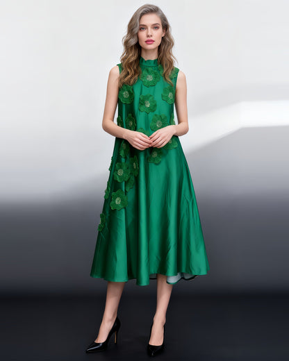 Green Sleeveless Midi Dress with Floral Lace & Pearl