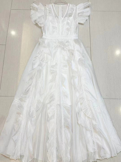 Elegant Patchwork Ruffles V-neck Mesh Midi Dress