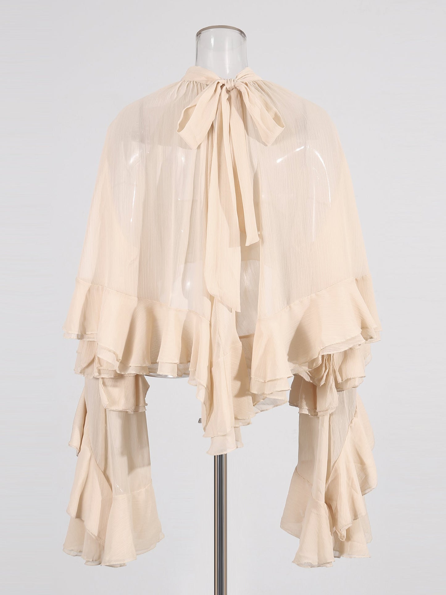 Nude Pink Ruffled Chiffon Blouse with Tiered Bell Sleeves