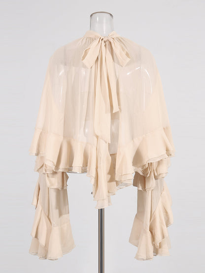 Nude Pink Ruffled Chiffon Blouse with Tiered Bell Sleeves