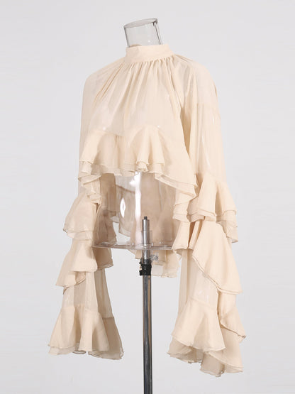 Nude Pink Ruffled Chiffon Blouse with Tiered Bell Sleeves