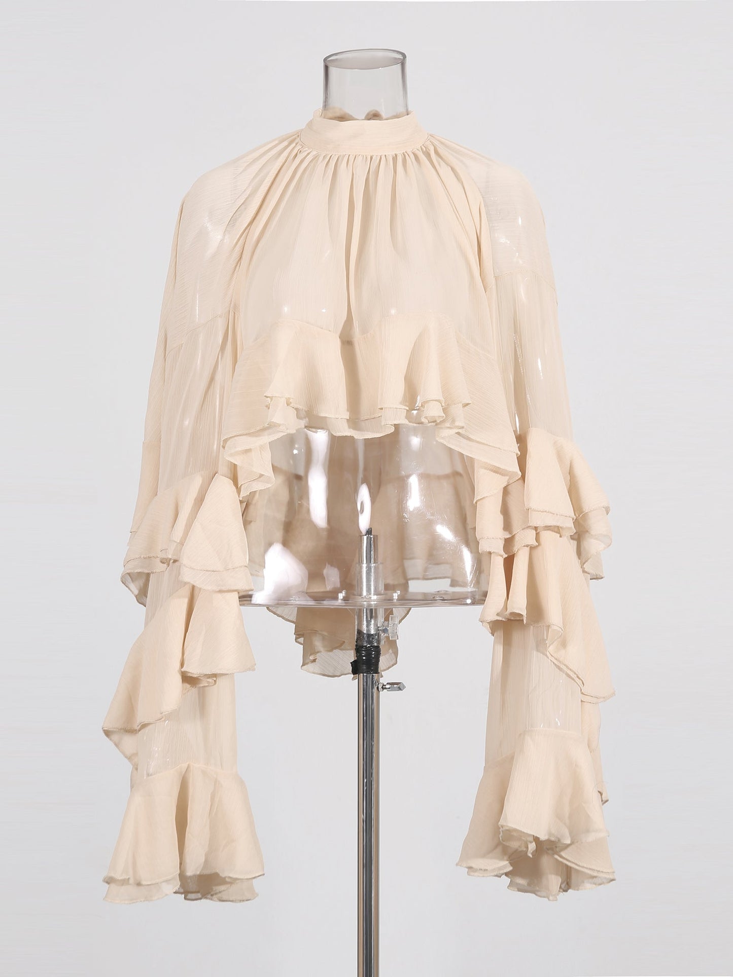Nude Pink Ruffled Chiffon Blouse with Tiered Bell Sleeves