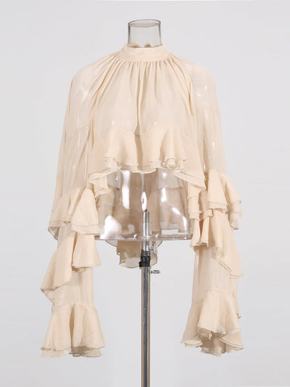 Nude Pink Ruffled Chiffon Blouse with Tiered Bell Sleeves