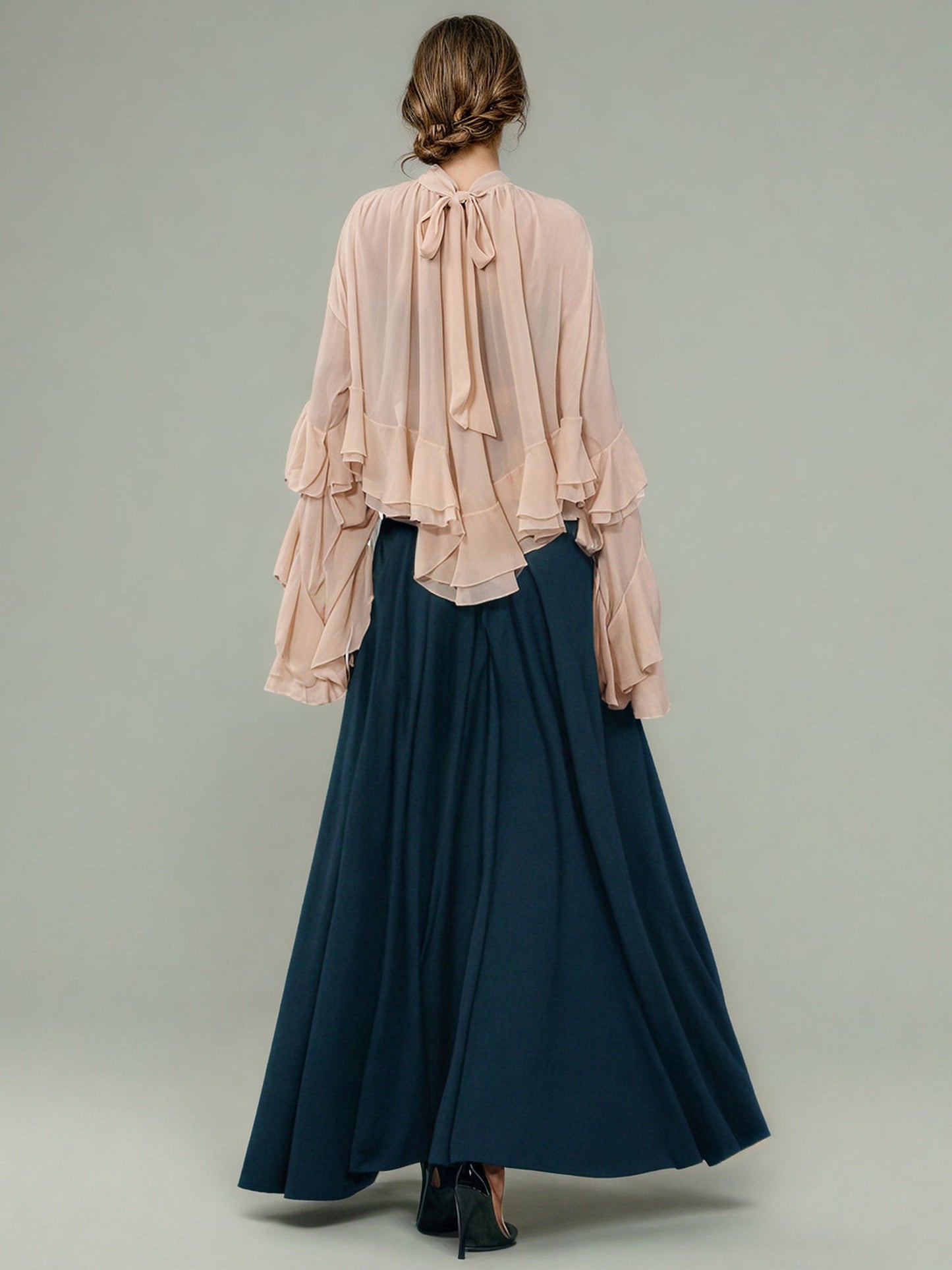 Nude Pink Ruffled Chiffon Blouse with Tiered Bell Sleeves