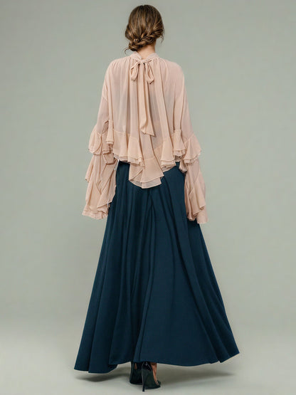 Nude Pink Ruffled Chiffon Blouse with Tiered Bell Sleeves
