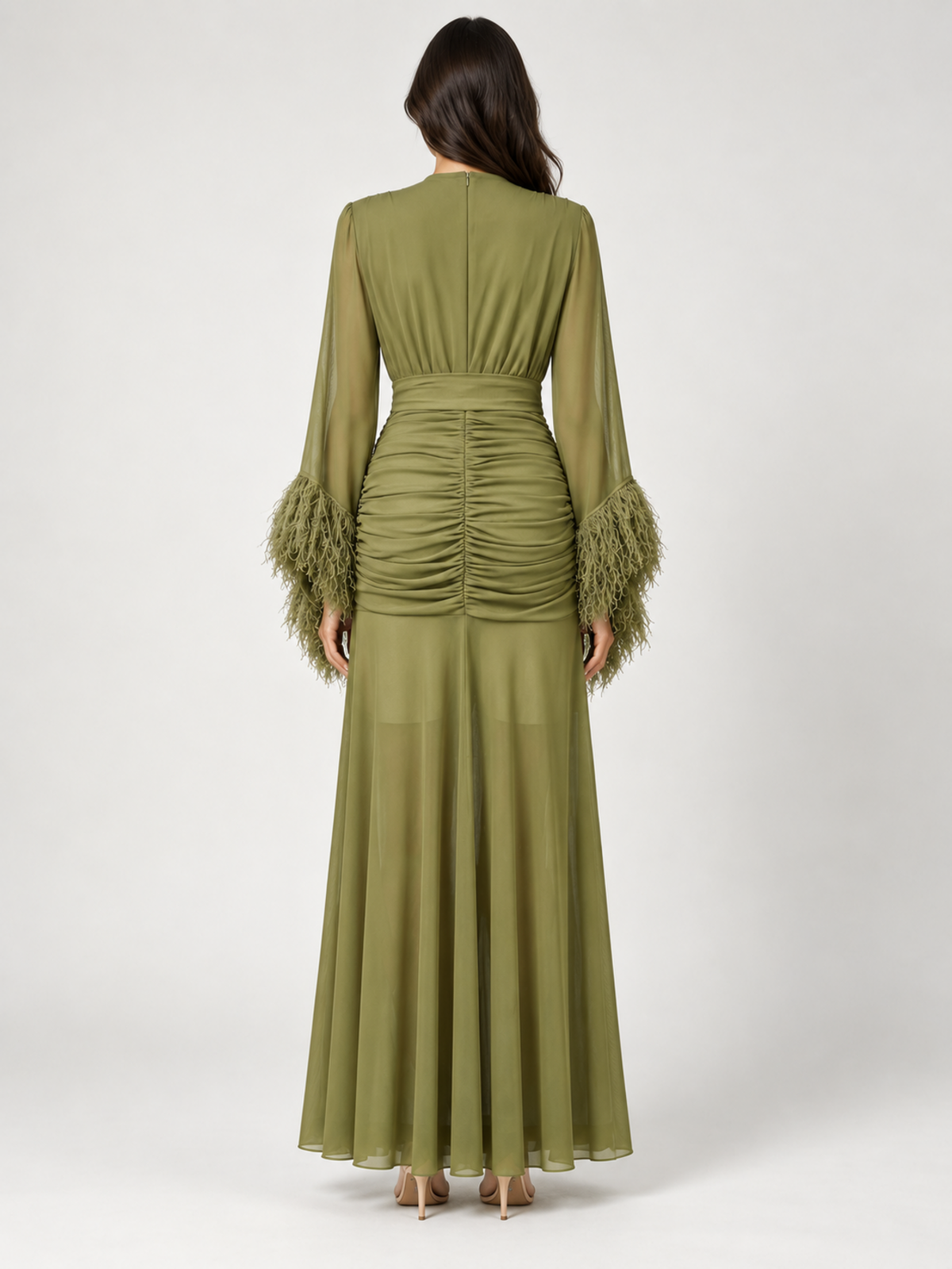 Olivia Feather-Cuff Ruched Gown