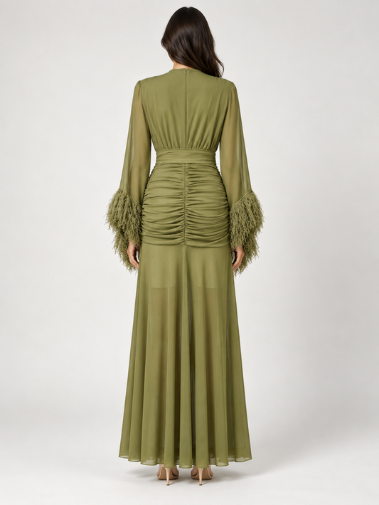 Olivia Feather-Cuff Ruched Gown